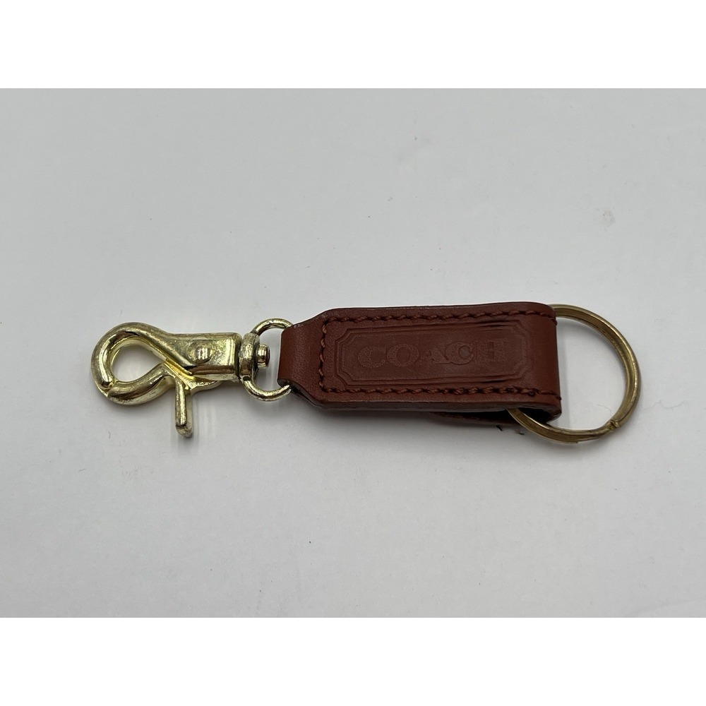 Vintage Coach Brown Leather Brass Trigger Snap Key Fob Keychain
